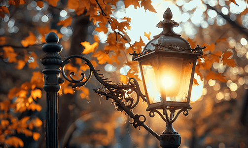 秋天公园里旧路灯的复古风格图片