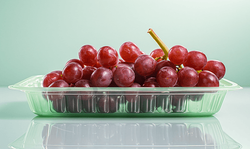 绿盘上的红葡萄枝塑料容器中洗过的葡萄