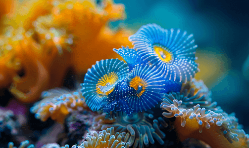 波利尼西亚珊瑚中的蓝色圣诞树蠕虫