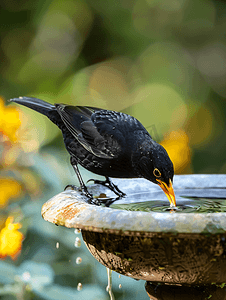 雄性黑鸟在花园喷泉中饮水