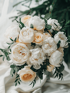 玫瑰新娘摄影照片_树附近白牡丹和玫瑰的豪华新娘花束