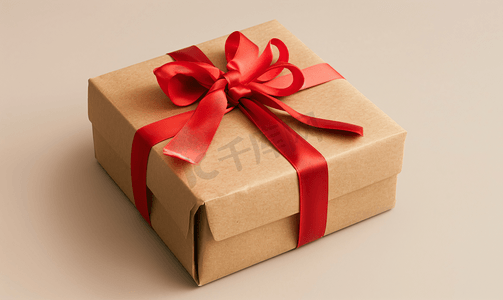礼品纸张摄影照片_方形盒子用棕色牛皮纸包裹并用红色细丝带系住
