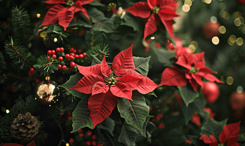 十二月花卉摄影照片_圣诞花红一品红与绿叶红叶在圣诞树上