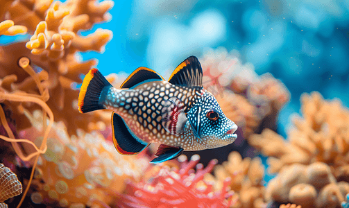 咸水杂鱼煲摄影照片_鱼毕加索刺引金鱼在背景珊瑚中游泳