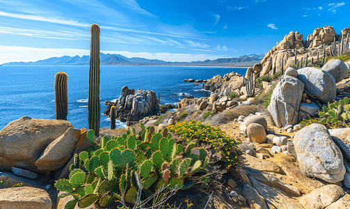 海仙人掌和岩石全景下加利福尼亚沙漠色彩缤纷的景观