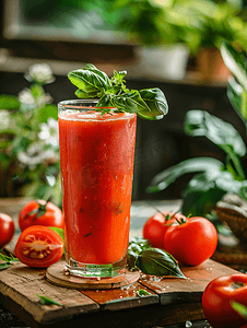 木桌上的番茄汁和番茄