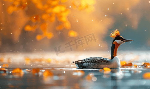 漂浮在多瑙河上的凤头鸊鷉鸟