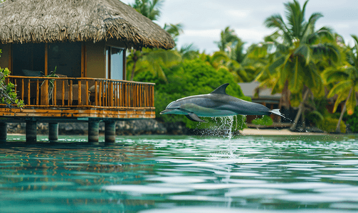 波利尼西亚平房外跳跃的普通海豚