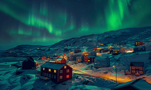 格陵兰岛努克郊区的北极村和北极光的绿色波浪