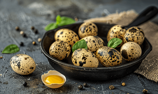 营养表成分表摄影照片_壳里的鹌鹑蛋放在黑色铸铁煎锅里