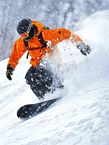 滑雪装备摄影照片_滑雪者带着滑雪板从粉雪山上飞速滑下并摔倒