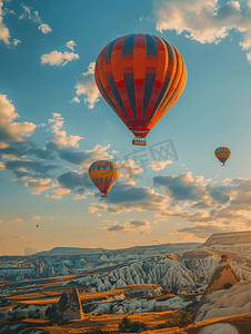 土耳其卡帕多西亚天空中明亮的热气球