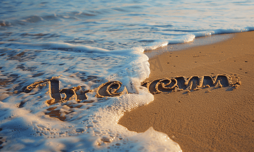 梦想写在沙滩上背景是柔软的海浪