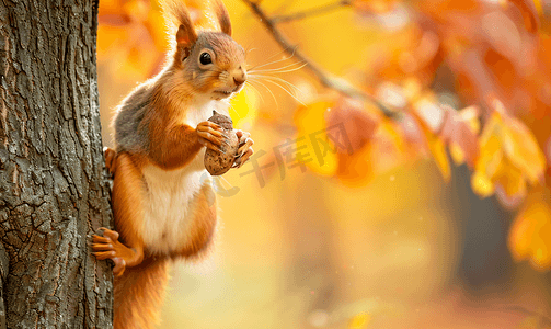 小红帽的故事摄影照片_欧亚红松鼠爬树吃橡子的肖像