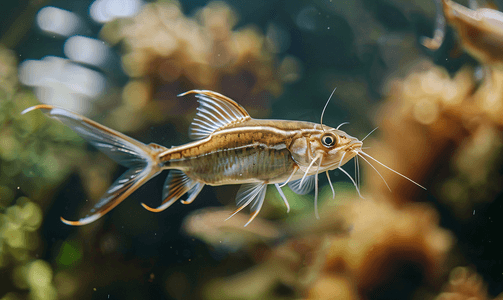 蓝色的斑点摄影照片_白色和棕色的鲶鱼在水族馆里游泳