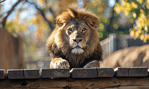 动物园里一只雄性亚洲狮看着你