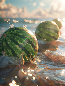 水面上飘浮新鲜西瓜摄影配图