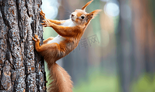 坚果可爱摄影照片_公园里欧亚红松鼠爬树的肖像