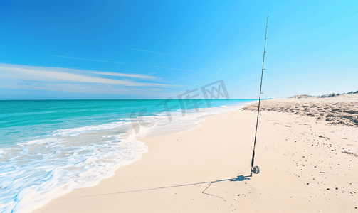 葡萄牙热带海滩白沙中的钓鱼竿