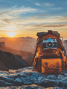 旅行背包和复古相机可欣赏日出时的山景