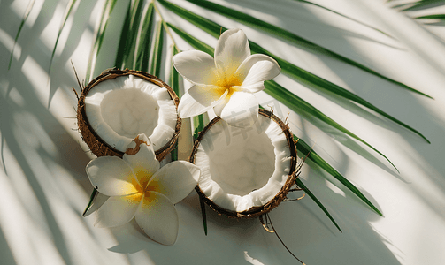 热带水果概念新鲜椰子和鸡蛋花的一半带叶影