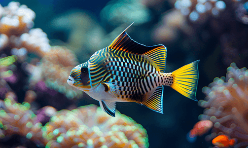 鱼毕加索刺引金鱼在背景珊瑚中游泳
