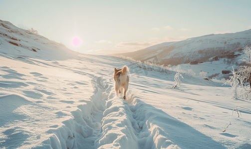 哈士奇犬在滑雪胜地的冬季雪坡上自由奔跑