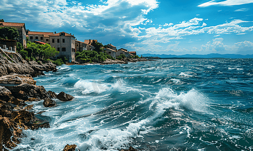 克罗地亚新维诺多尔斯基的波涛汹涌的蓝色大海和强风