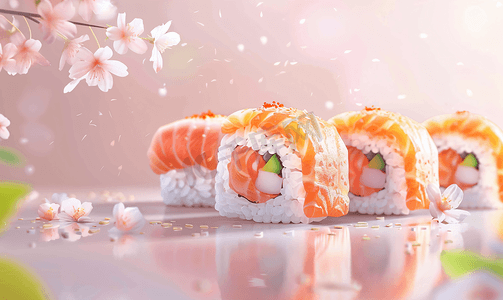 生姜图标摄影照片_桌上有鲑鱼虾和米卷的寿司卷