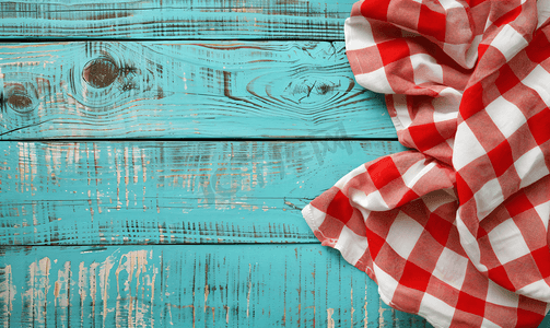 封面菜单摄影照片_蓝色木质背景上白色红色格子厨房毛巾