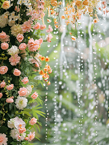 古风窗帘摄影照片_美丽花园中的挂花装饰和窗帘瀑布