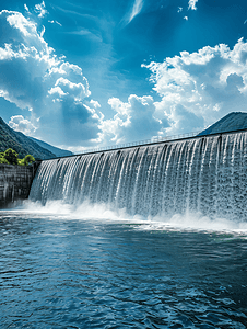 蓝色的水摄影照片_大型水库坝墙放水与美丽的天空