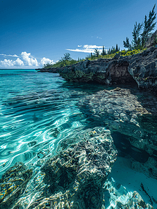 大巴头等舱摄影照片_大巴哈马岛侵蚀的岩石和透明的海水