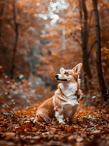 秋天在森林里散步的可爱柯基犬高品质照片