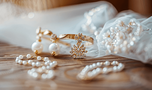订婚快乐摄影照片_木制背景上的婚礼珠宝的特写