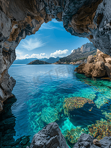 天蓝色的建筑摄影照片_意大利撒丁岛的大海岩石上有画廊