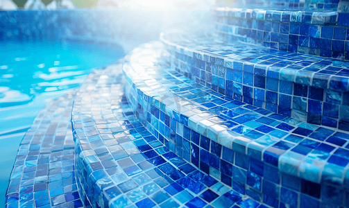 度假村游泳池的弧形台阶配有混合蓝色瓷砖马赛克