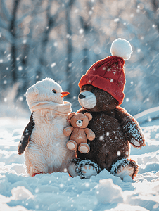 冬季节日里的一只企鹅和一只熊