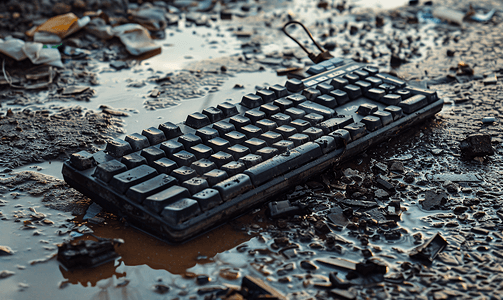 破旧的电脑键盘被扔进垃圾桶里躺在路上的水坑里