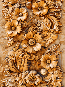 华丽的框架摄影照片_雕刻精美花卉图案的木雕艺术