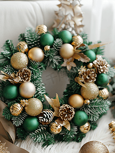 绿色圣诞花环在明亮的背景复活节彩蛋上装饰