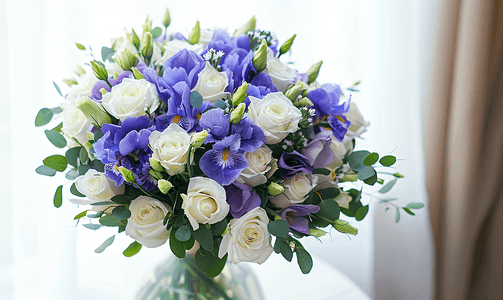 花瓶里的蓝色鸢尾花和白玫瑰的美丽婚礼花束