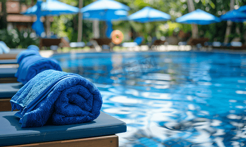 房产装饰摄影照片_热带度假村游泳池附近的躺椅上放着蓝色毛巾