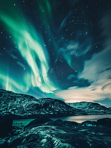绿色北极光在星空和云朵间闪耀格陵兰努克