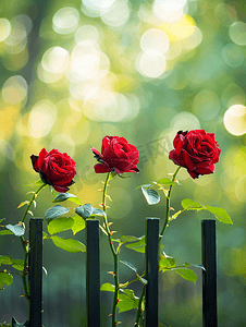 公园装饰围栏上生长的三朵美丽红玫瑰的特写
