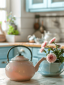 厨房里桌上的水壶和茶壶