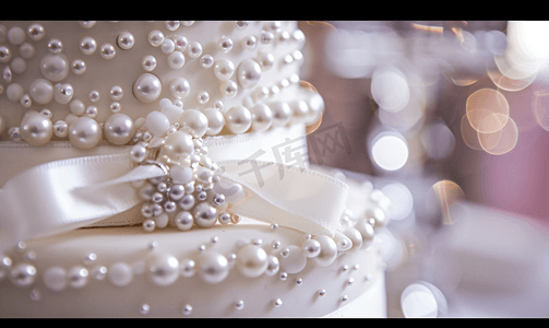 白色婚礼蛋糕婚礼蛋糕细节上有一条珍珠丝带