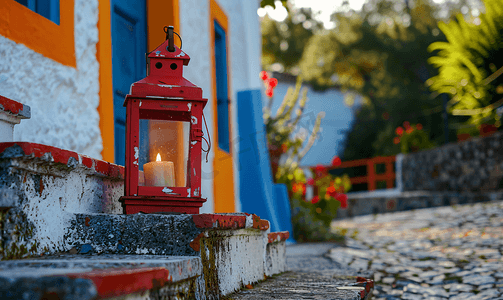 典型的葡萄牙乡村房屋台阶上放着蜡烛的复古红灯笼