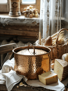 桌上的铜锅上面放着意大利北部山区典型的奶酪