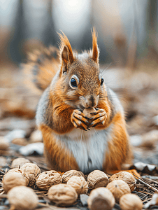 坚果可爱摄影照片_欧洲红松鼠在公园里吃坚果